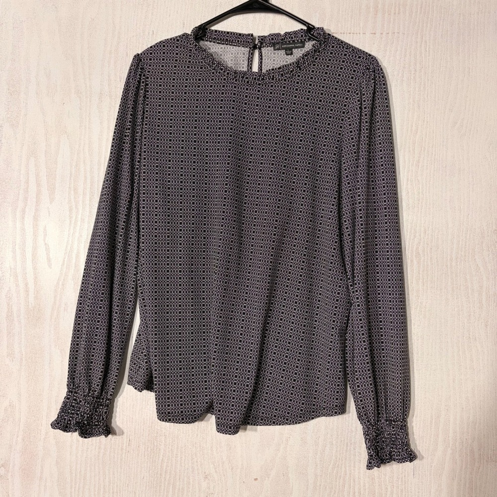 Adrianna Papell Blouse Womens Large Black White Geometric Ruffle